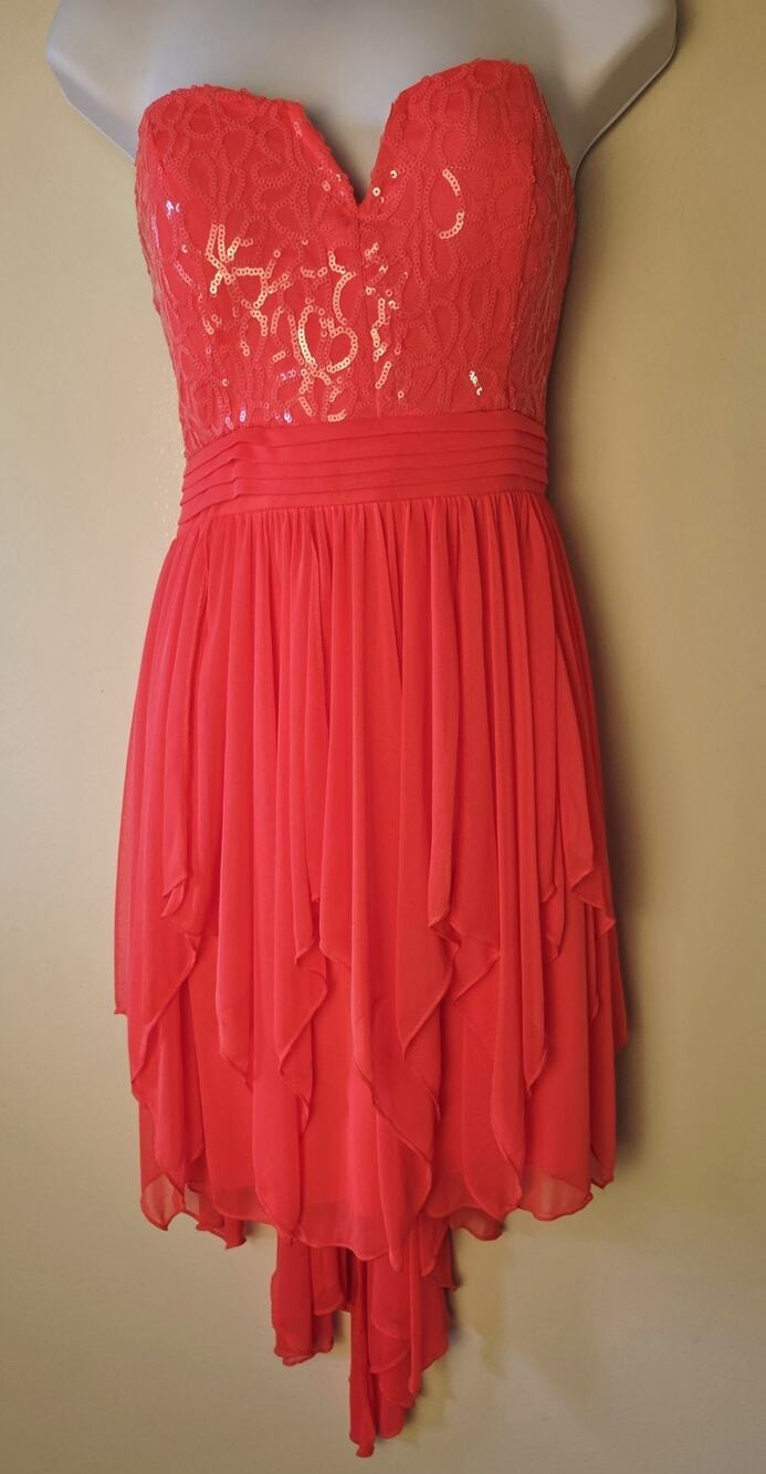 My Michelle Strapless Dress Hi Low Hem Sequins Hot Orange Swifty Prom Junior 7